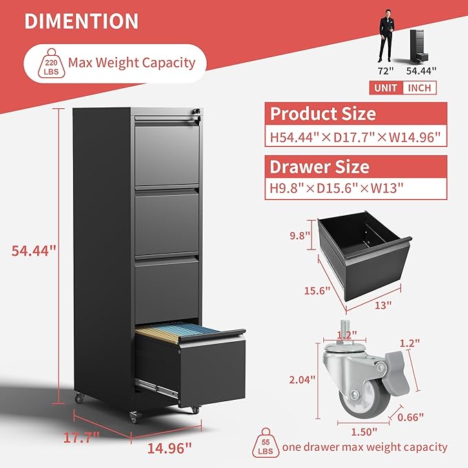 4 Drawer Mobile File Cabinet with Lock,Black Metal Locking Filing Cabinets,Vertical File Cabinet for Home Office,Rolling Storage Cabinet for A4/Letter/Legal Size File,Assembly Required
