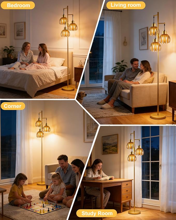 Lightdot 65'' Glass Floor Lamp Dimmable Gold Floor Lamps with Brown Lotus Glass Shade& 3000K Bulbs Included 3-Lights Modern Tall Standing Lamp for Living Room/Bedroom/Sofa Beside/Corner Decor