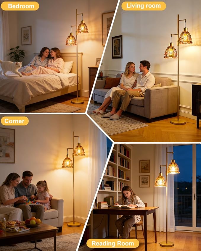 Gold Dimmable Floor Lamp for Living Room, 2-Light 65IN Tall Standing Lamps with Brown Glass Lampshade, 3000K Warmwhite Mid Century Modern Floor Lamp for Bedroom/Home Office/Corner