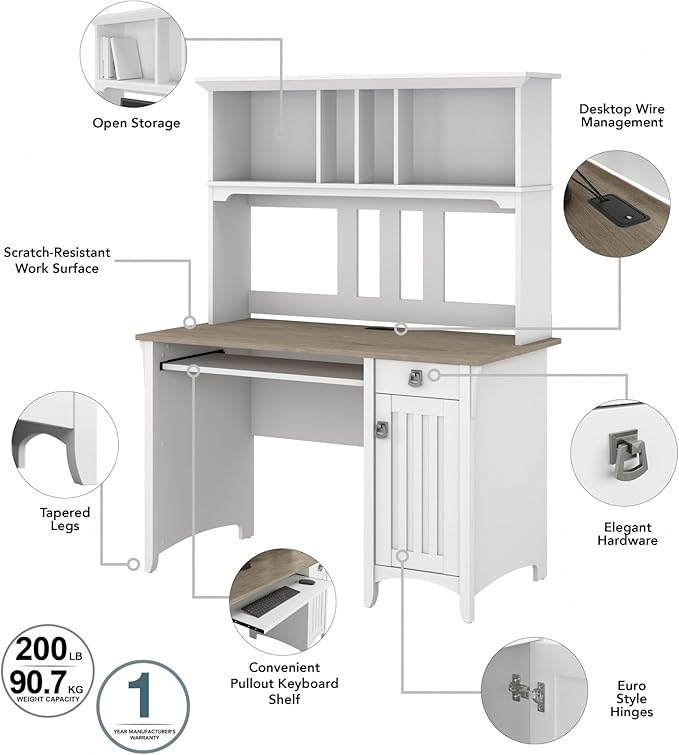 Bush Home Salinas Computer Desk with Hutch | Study Table with Drawers, Cabinets & Pullout Keyboard/Laptop Tray | Modern Home Office Desk in Pure White and Shiplap Gray | Work Desk with Storage