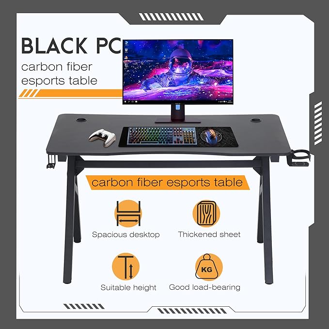 BestOffice | 47" Gaming Desk | Blue | Carbon Fiber Textured Computer Desk | Sturdy Steel Frame, Cup Holder, Headphone Hook, Cable Management Holes, Adjustable Leg Pads | for Gamers, Home, Office