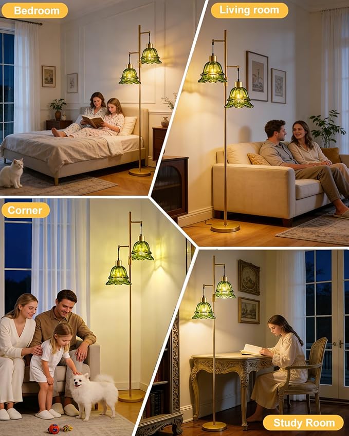 Lightdot 65IN Gold Flower Floor Lamp for Living Room, 2- Light Dimmable Floor Lamps with Green Glass Lampshade, 3000K Warm White Modern Standing Tall Lamp for Bedroom Sofa Beside Corner Decor