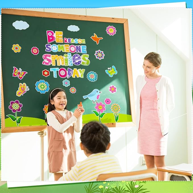 Pasimy Spring Bulletin Board Decorations Set Flower Classroom Door Decor Colorful Floral Butterfly Be The Reason Someone Smile Today Cutouts for Springtime March Home Office Wall Window Supplies