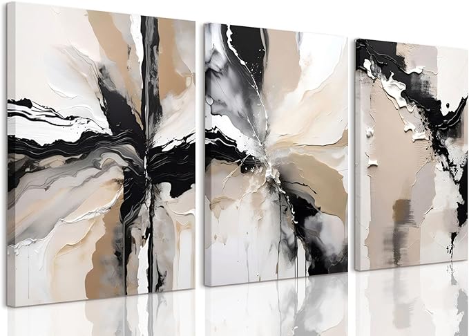 LYPHNX Framed Black and Brown Abstract Geometric Canvas Wall Art Modern Grey White Beige Print Poster Set of 3 Painting Terracotta Brush Strokes Picture Home Decor for Bathroom Bedroom Office 16"x24"