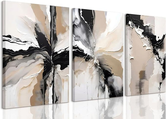 LYPHNX Framed Black and Brown Abstract Geometric Canvas Wall Art Modern Grey White Beige Print Poster Set of 3 Painting Terracotta Brush Strokes Picture Home Decor for Bathroom Bedroom Office 16"x24"