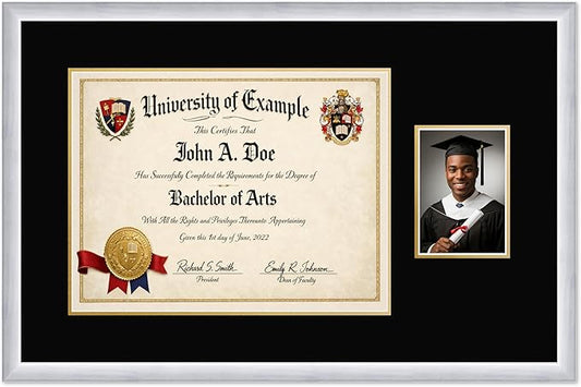 CountryArtHouse Fits 17 x 13 International Diploma and 5 x 7 Photo Diploma and Photo Frame Stainless Silver Genuine Hardwood with Black Over Metallic Gold Double mat