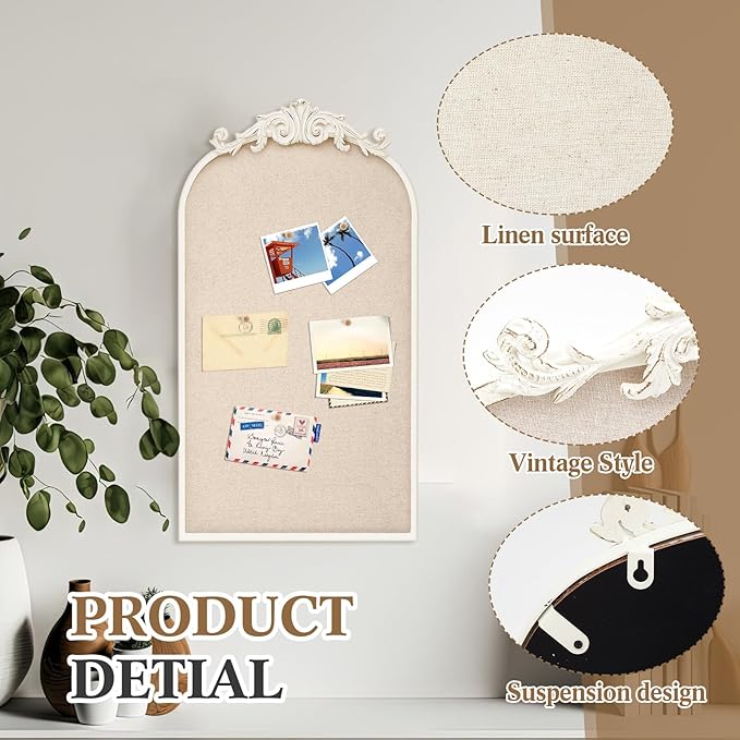 Vintage Framed Pin Board Linen Display Bulletin Board Large Cork Fabric Picture Photo Pinboard Memo Ornate Decorative Pinboard Ornate for Wall Gift(Arch,13" X 25",Antique White)
