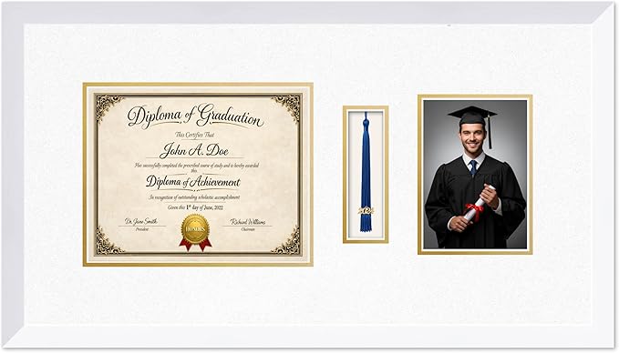 Diploma Tassel and Photo Frame Bright White Shadowbox Oyster Shell Over Gold Mat - Fits 10 x 8 Degree Picture Made in the USA