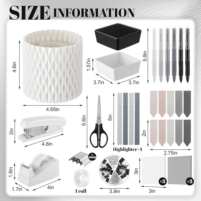 Kosiz 27 Pcs Black and White Desk Accessories Gift for Aesthetic Desk Organizer White Office Supplies Pen Holder Sticky Notes Stapler Binder/paper Clips Scissor Staple for Women(Classics)