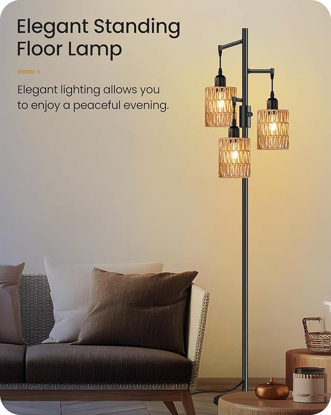 Dimmable Floor Lamp, Farmhouse Tall Standing 70.3" Tree Lamp with 3 Rope Woven Lampshades, Boho Rattan Floor Lights, 4W 3 LED Bulbs Included, for Living Room, Bedroom, Study, Office B03LD05