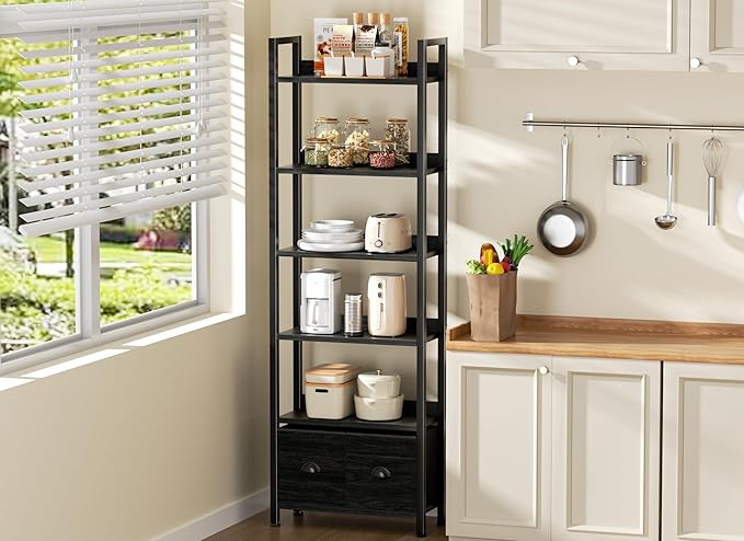 Furologee 6-Tier Bookshelf, Tall Bookcase with 2 Drawers Storage Organizer, Industrial Display Free Standing Shelf Units, Wood and Metal Storage Rack for Home Office, Bedroom, Black Oak