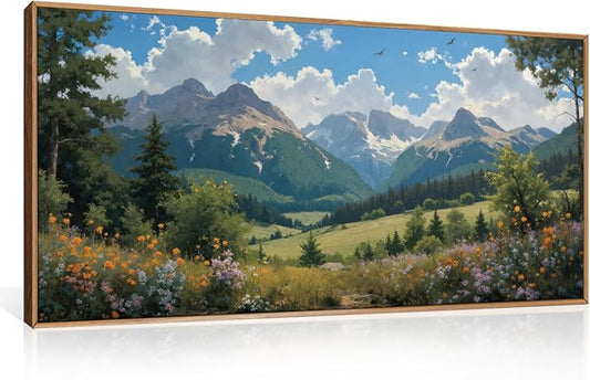 HLNIUC Green Forest Mountain Landscape horizontal Wall Art Framed, Colorful Wildflower Nature Decor(20x40), Blue Sky White Cloud Canvas Painting, Woodland Tree Print for Living Room, Bedroom, Office