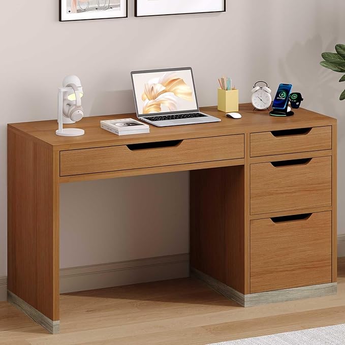 Small Desk with Drawers, 52 Inch Computer Desk with Storage, Home Office Desk with Filing Drawer for Bedroom, Brown