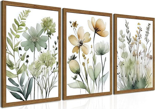 Wood Framed Sage Green Botanical Wall Art Set of 3, Boho Floral Canvas Wall Decor Paintings, Minimalist Flower Posters Prints Pictures for Bedroom Bathroom Living Room Home Decor 16x24 Inch