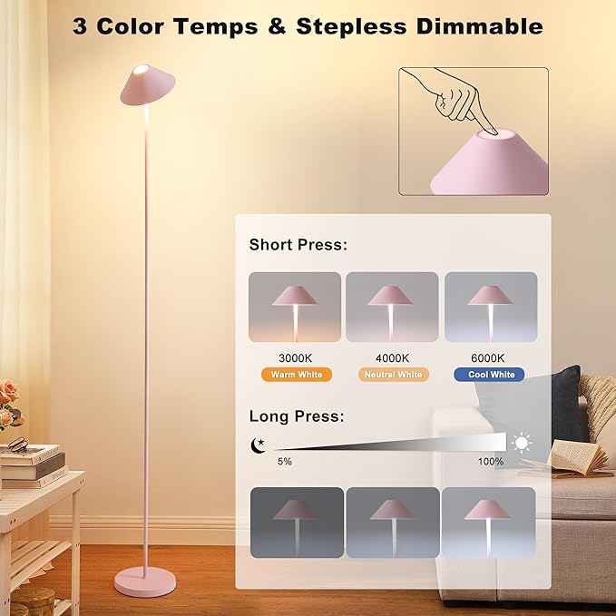Rechargeable Floor Lamp for Indoor/Outdoor, Cordless Tall Standing Lamp with 3 Color Temps & Dimmable, IP43 Waterproof, Adjustable Height 16-59 Inch, LED Floor Lamp for Living Room, Patio(Pink)