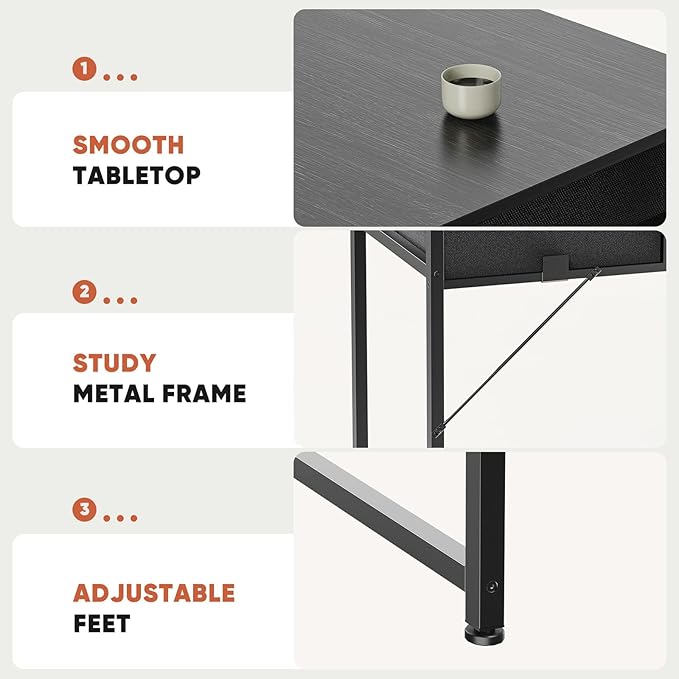 DUMOS 32" Home Office Computer Desk with Drawers, Small Gaming Writing Study Table with Storage Side Bag, Headphone Hook and Adjustable Feet for Bedroom Black