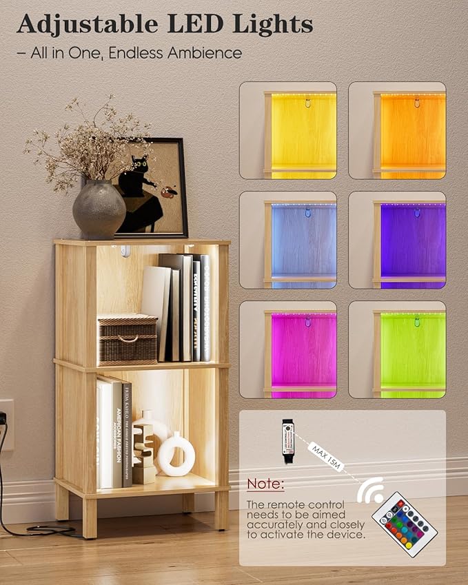 Bookshelf with LED Lights, Modern 2-Tier Bookcase, Open Storage Book Shelf, 11 × 14.2 × 27.4 Inches, Small Narrow Bookshelves for Living Room, Home Office, Bedroom, Natural