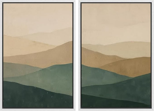SIGNWIN Framed Canvas Print Wall Art Set Green and Beige Abstract Mountain Landscape Illustrations Modern Art Minimal Boho Relax/Calm for Living Room, Bedroom, Office - 24"x36"x2 White