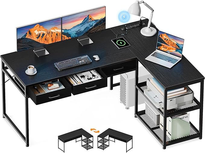 AODK 53 Inch L Shaped Computer Desk with Drawers, Corner Desk with Power Outlets & Reversible Storage Shelves, for Home Office Gaming, Black