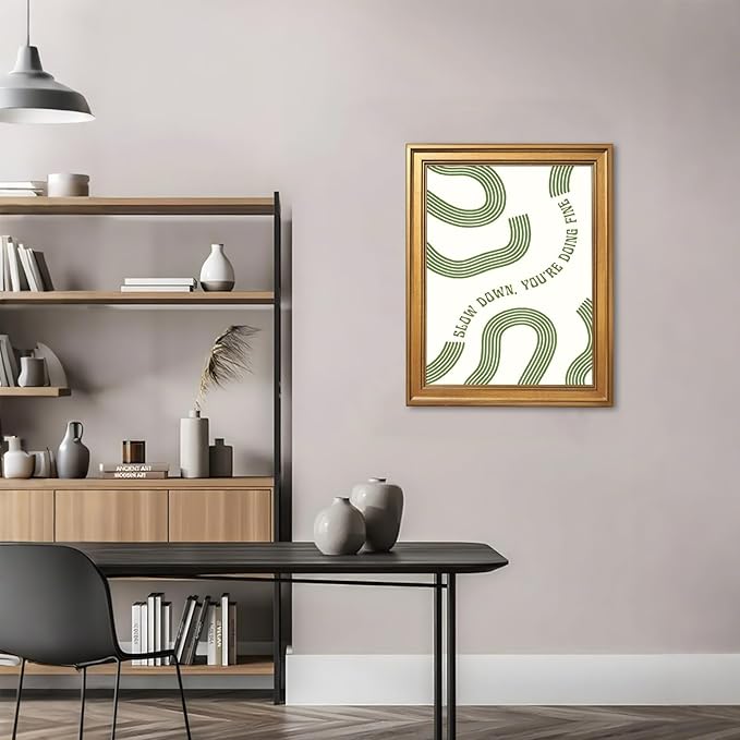 Slow Down You’re Doing Fine Wall Art Retro Minimalist Motivational Quote Music Poster Inspirational Midcentury Song Lyrics Sage Green Canvas Prints for Bedroom Home Decor 24x36inch Vintage Framed