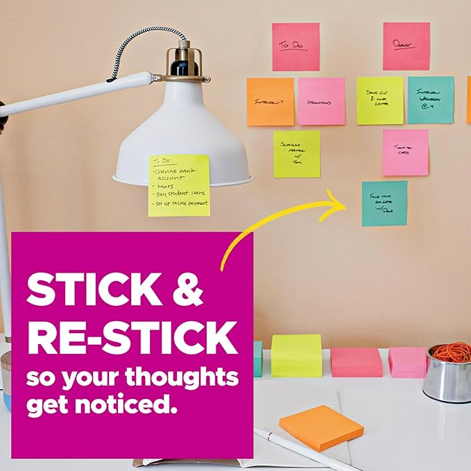 Post-it Super Sticky Notes, Assorted Bright Colors, 3x3 in, 15 Count, 45 Sheets/Pad, 2X The Sticking Power, Recyclable, Multi-Color (Pack of 6)