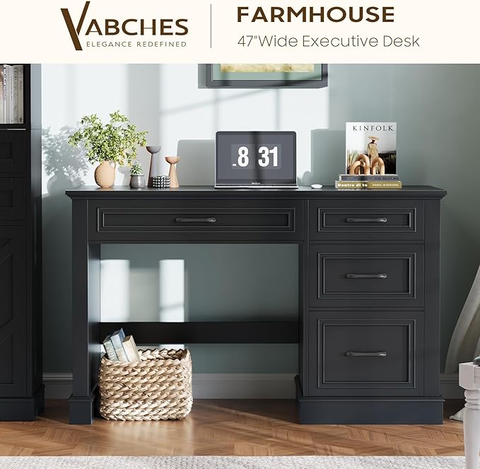 Vabches Farmhouse 47" Executive Desk with File Drawer, Computer Desk with 4 Drawers, Workstation for Study, Home Office, Writing, (Pure Black).