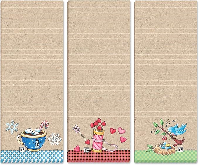 Current Mary Engelbreit Seasonal Characters Magnetic Notepad Set – Set of 12 Mini Memo Pads, 12 Designs, 30-Sheet Pads, 2½ x 6½ Inches, Shopping List, To-Do Notes, Printed in The USA