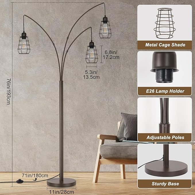 Boncoo Industrial Floor Lamp, 3 Light Arc Floor Lamps for Living Room, 76 Inch Tall Standing Lamp with Metal Cage Shades & Foot Switch, Vintage Floor Lamp for Bedroom, Office, Corner, Bronze