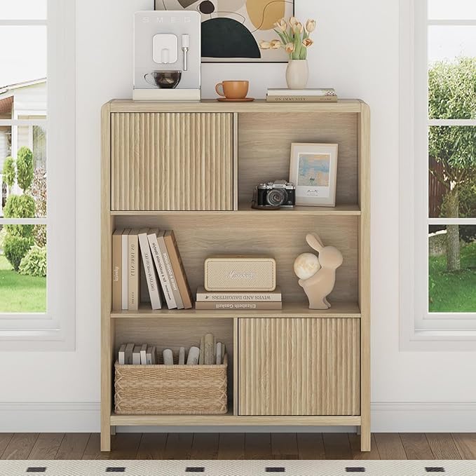 FATORRI Cube Bookshelf with 2 Doors, Wood Bookcase with Storage, Modern 5 Cubby Book Shelf for Home Office Living Room (Light Walnut)