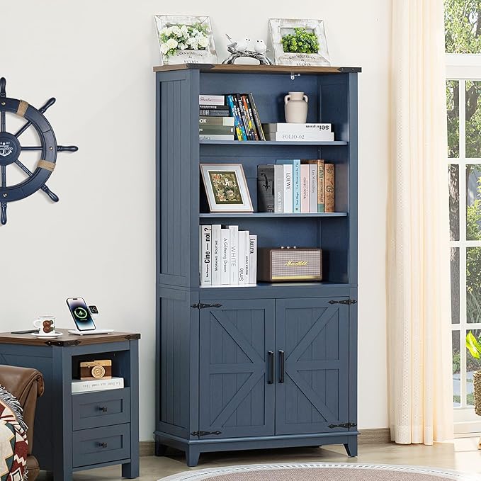 70in Tall Bookshelf 5 Tier Bookcase with Barn Doors and Adjustable Shelves, Blue Farmhouse Book Shelf with Storage Cabinet, Wood Freestanding Display Bookshelves for Bedroom, Living Room | Bookcase, Barn Doors, Adjustable Shelves, Book Shelf, Storage C...
