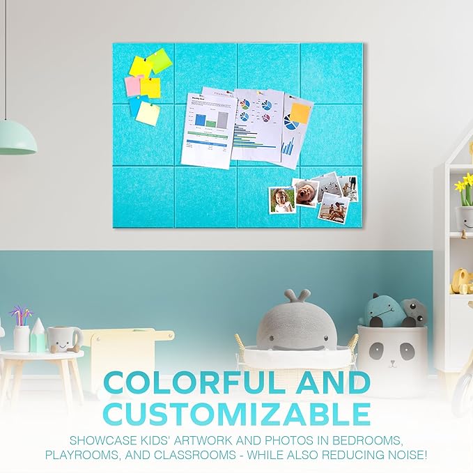 Large Felt Cork Board - 12 Felt Board Tiles with Removable Adhesive Tape Cork Boards for Dorm, Board for Office, Bulletin Board for Kids Study Room, Classroom (Aqua Collection, 30x30)