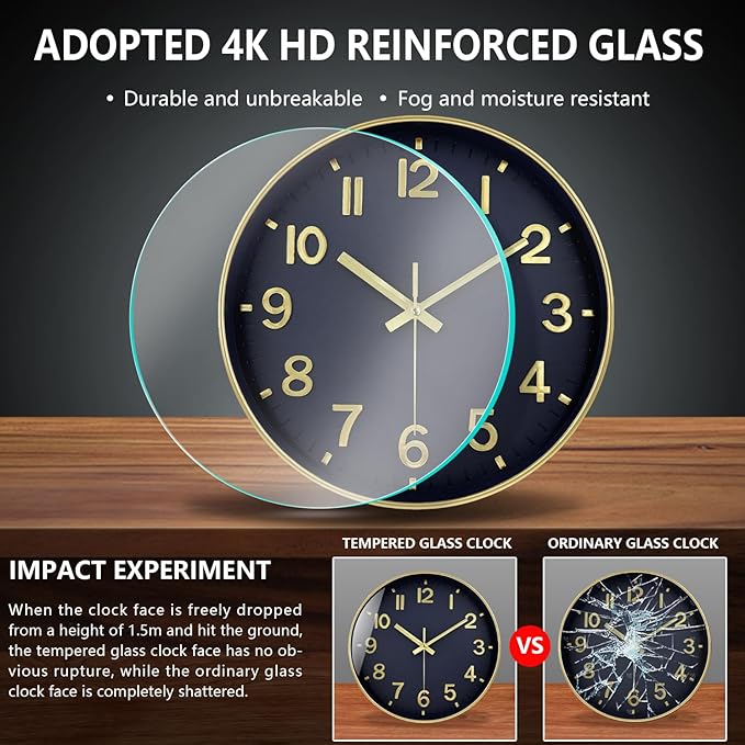 Wall Clock, 8 Inch Wall Clocks Battery Operated, Modern Non Ticking Silent Digital Analog Small Wall Clock for Bedroom Living Room Kitchen Office Gym Classroom Outdoor Clocks, Gold Blue