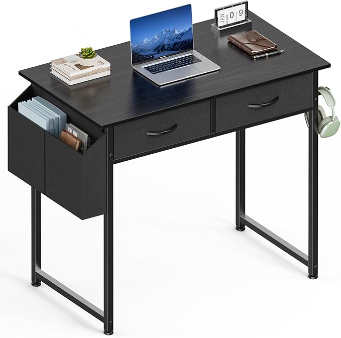 Sweetcrispy Small Desk with Fabric Drawers for Bedroom Home Office, 32 Inch Computer Gaming Desk Writing Study PC Table with Side Bag Headphone Hook Metal Frame Adjustable Feet,Pure Black