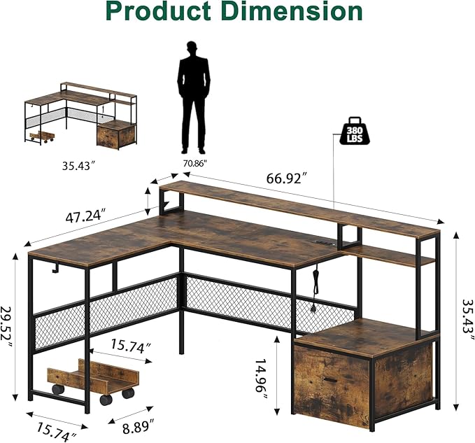 L Shaped Desk with Drawers, 66" Home Office Desk with Power Outlet and Led Strip, Computer Desk with Storage Shelves & Monitor Stand, Large Corner Desk Gaming Desk, Rustic Brown