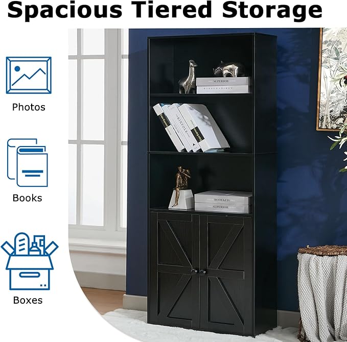 Bookshelves and Bookcases with Barn Doors Set of 2, Farmhouse Bookshelf with Display Shelves, Floor Standing 5-Tier Book Shelf with Storage Cabinet for Home Office, Living Room, Bedroom