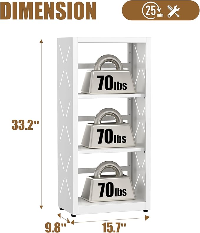 3 Tier Bookshelf, 34"Tall Metal Bookcase with Adjustable Shelves, Modern Display Book Shelf, White Bookcase Shelf, Utility Shelf, Storage Shelves for Office, Living Room, Kitchen, Study-16"W