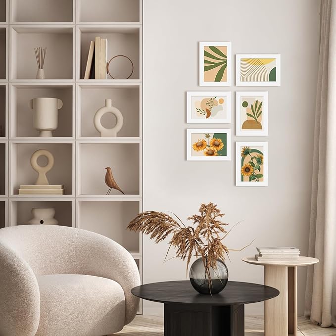 Egofine 4x6 Set of 6, Made of Solid Wood Covered by Plexiglass 3x4.5 and 3.5x5 with Mat or 4x6 without Mat, for Table Top Display and Wall Mounting Photo Frame, White