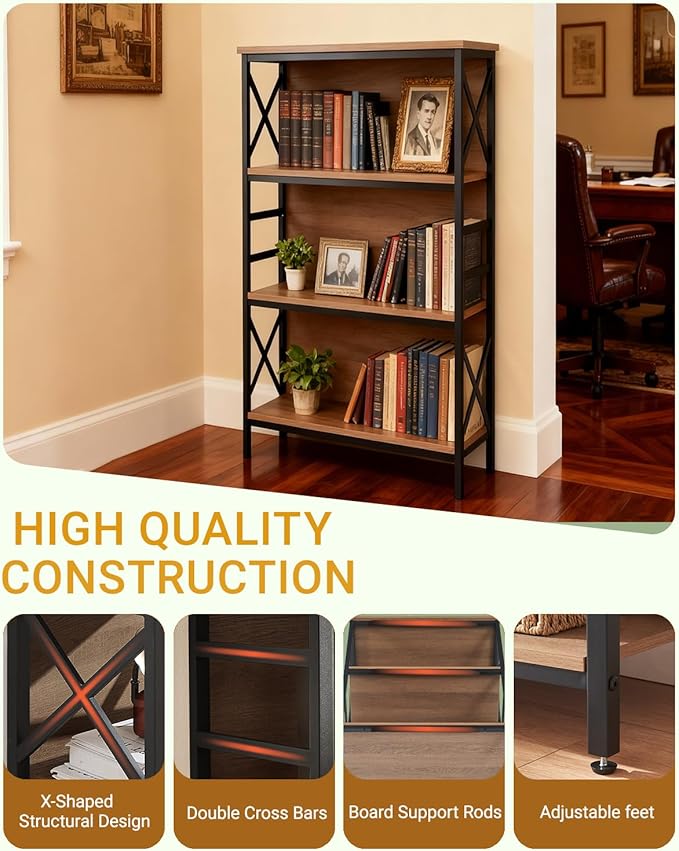 Book Shelf,4-Tier Industrial Bookshelf with Strong Metal Frame & Backboard,29.5" Short Bookcase for Small Spaces, Living Room,Bedroom and Home Office,Brown