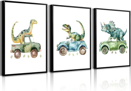 Dinosaur Nursery Wall Art Kids Canvas Poster Baby Boy Nursery Wall Decor Green Dino Pictures Toddler Prints Cartoon Dino Car Painting Boys Room Artwork for Bedroom Bathroom 16x24x3 Inch Unframed