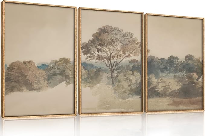 Abstract Hazy Forest Landscape Framed Canvas Wall Art Set,Vintage Natural Earth Tone Woodland Wall Decor,Neutral Wilderness Trees Botanical Artwork for Living Room, Bedroom,Farmhouse-16 x24 x3