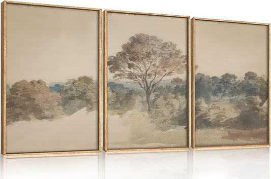 Abstract Hazy Forest Landscape Framed Canvas Wall Art Set,Vintage Natural Earth Tone Woodland Wall Decor,Neutral Wilderness Trees Botanical Artwork for Living Room, Bedroom,Farmhouse-16 x24 x3