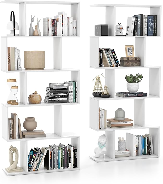 Tangkula 5-Tier Geometric Bookshelf, S Shaped Bookcase w/Anti-Toppling Device, Freestanding Room Divider, Industrial Home Office Decor Wood Open Storage Display Shelf for Living Room (2, White)