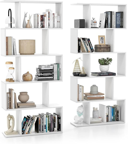 Tangkula 5-Tier Geometric Bookshelf, S Shaped Bookcase w/Anti-Toppling Device, Freestanding Room Divider, Industrial Home Office Decor Wood Open Storage Display Shelf for Living Room (2, White)