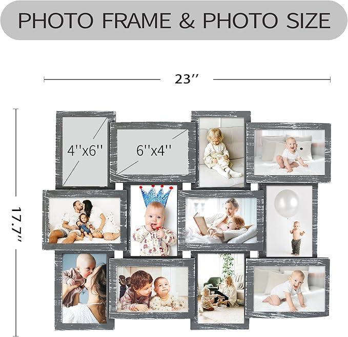 HELLO LAURA - 4x6 Picture Frame Collage for 12 Opening Photos in 4x6 inch Classic Pictures Frames Gallery Display 23" x 18" Wall Hanging Photo Collage Frame | Camouflage Like Edge
