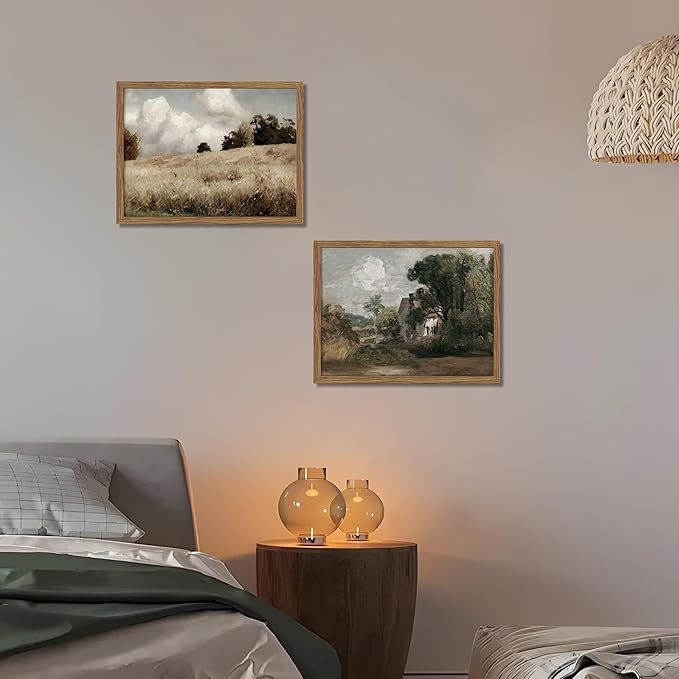 Framed Vintage Landscape Wall Art Set of 2, Rustic Farmhouse Field Canvas Wall Decor Paintings, Retro Nature Country Artwork Prints Pictures for Living Room Bedroom Home Decor 12x16 Inch