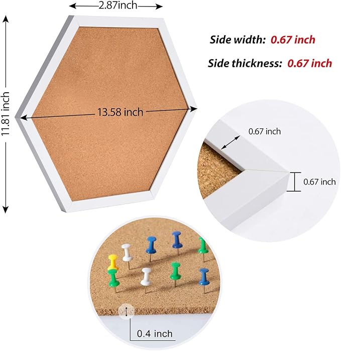 AkTop Cork Bulletin Board Hexagon 4 Pack, Small Framed Corkboard Tiles for Wall, Thick Decorative Display Boards for Home Office Decor, School Message Board with 16 Push Pin Wood Clips, White