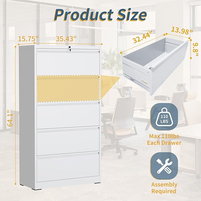 5 Drawer File Cabinet with Lock, Lateral Filing Cabinets,Metal Storage Filing Cabinets for Home Office, Heavy Duty File Cabinet for Letter/Legal/A4/F4 Size Amsseble Required, White