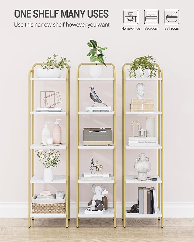 Bookcase Bookshelf, Narrow Book Shelf, Industrial Corner Shelf Storage Organizer, Slim Shelving Unit for Home Office, Living Room, Bedroom, Kitchen, 5-Tier White Gold BC24513G