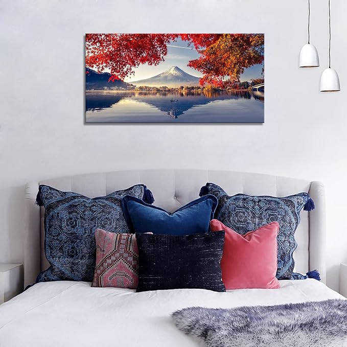 YYYYHPP Canvas Prints Mountain Fuji with morning fog and red leaves at lake Kawaguchiko Nature Picture Wall Art Framed Artwork for Living Room Bedroom Kitchen Home and Office Wall Decor