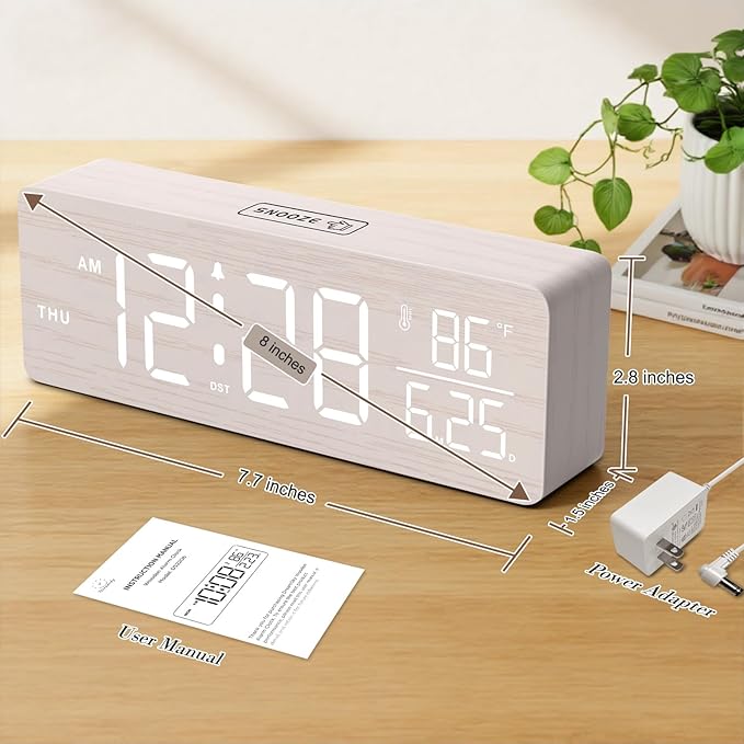 DreamSky Wooden Digital Alarm Clocks for Bedrooms – Large Display Desk Clock with Date & Day of Week for Living Room, Temperature, Dimmer, Adjustable Volume, Auto DST, Office Wood Décor (Plug-in)